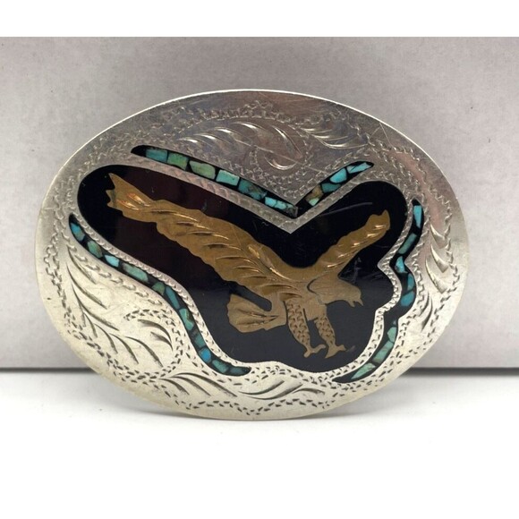 Trinity Buckle Co Soaring Eagle Western Belt Buckle Turquoise Inlay Silver Plate - Picture 5 of 9